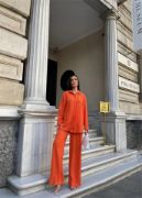 KENDİNDEN DESENLİ KRINKILL GÖMLEK - PANTOLON TK - Orange resmi